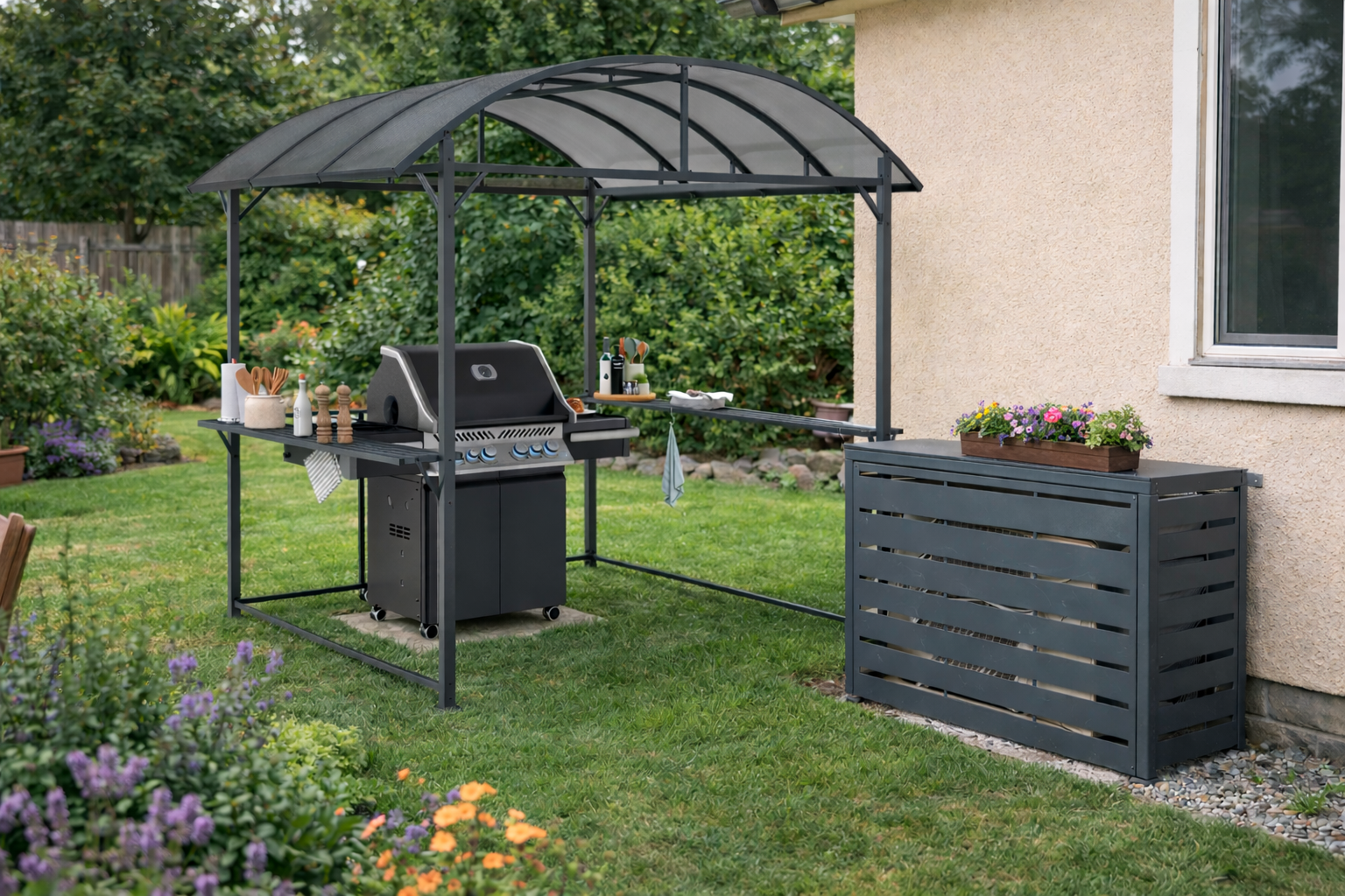 Barbecue sous abri pergola dans un jardin avec espace cuisson extérieur couvert