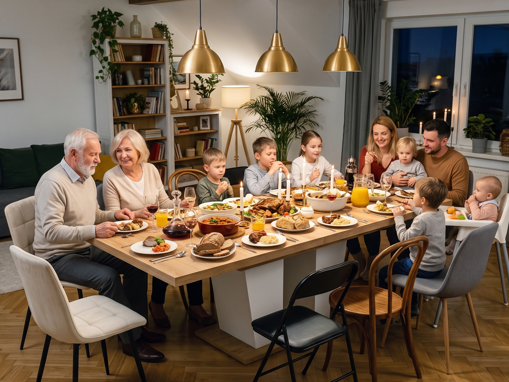 Grande tablée familiale multigénérationnelle autour d'une table en bois avec mix de chaises dépareillées, repas convivial sous suspensions dorées dans un salon lumineux