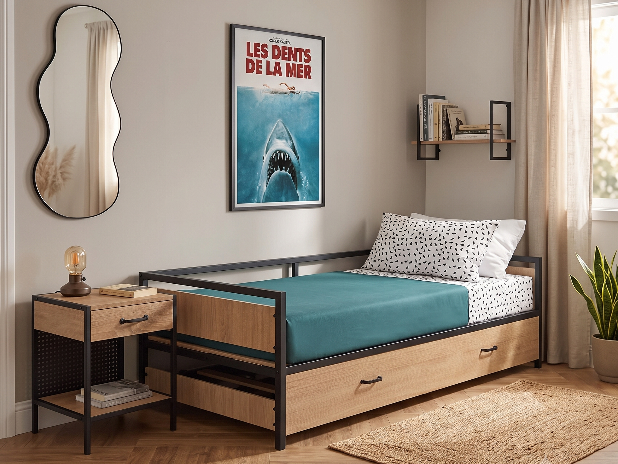 Chambre d'amis avec lit simple à tiroirs de rangement en bois et métal noir, table de chevet, étagère murale, miroir ondulé et tapis en jute
