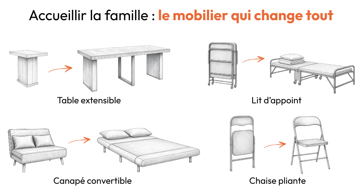 Infographie illustrée des 4 meubles indispensables pour accueillir la famille : table extensible, lit d'appoint pliant, canapé convertible et chaise pliante