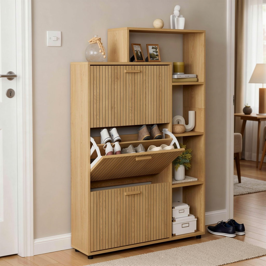 Meuble d’entrée en bois clair avec rangements à chaussures, étagères déco et accessoires pour appartement meublé