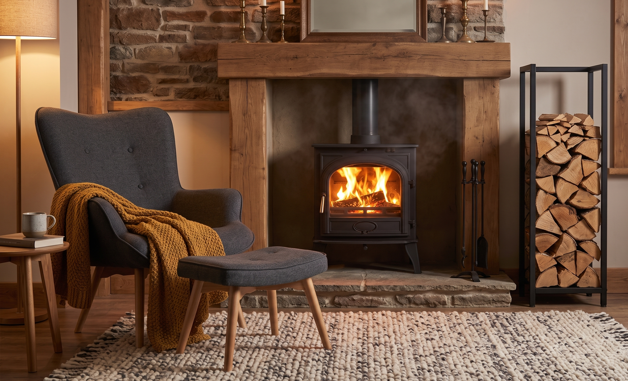 Coin feu cosy avec poêle à bois en fonte dans une cheminée en pierre et bois, fauteuil gris avec plaid moutarde, table d'appoint en bois, range bûches acier noir et tapis épais