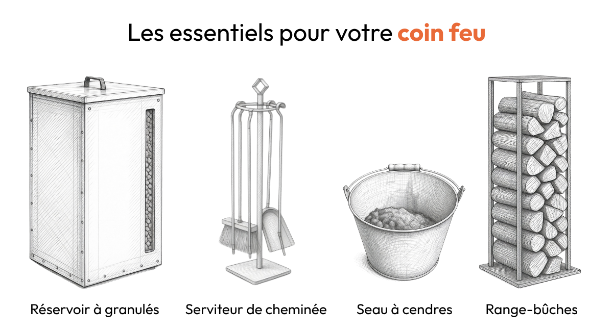 Infographie illustrée des quatre essentiels pour un coin feu : réservoir à granulés, serviteur de cheminée 5 éléments, seau à cendres et range bûches vertical acier