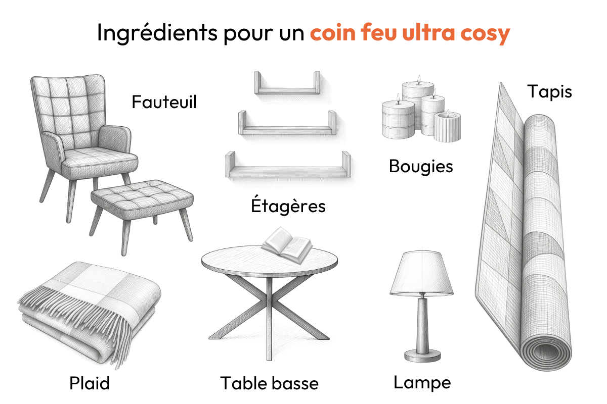 Infographie illustrée des ingrédients pour un coin feu ultra cosy : fauteuil avec repose-pieds, étagères murales, bougies, tapis, plaid, table basse ronde et lampe à poser