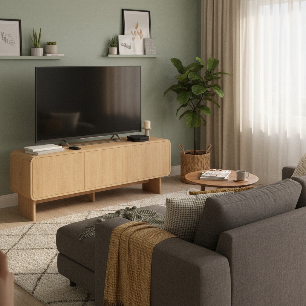 Salon de logement meublé avec canapé gris, meuble TV en bois clair, tapis, plantes et décoration murale