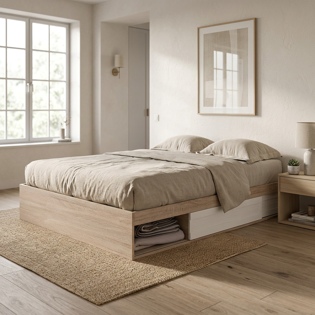 Chambre adulte avec lit double en bois clair, rangements sous le lit, table de chevet et décoration beige