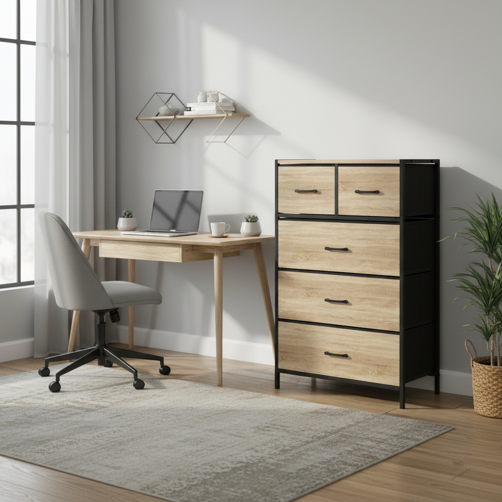 Coin bureau dans appartement meublé avec bureau en bois clair, chaise à roulettes, commode de rangement et plante verte