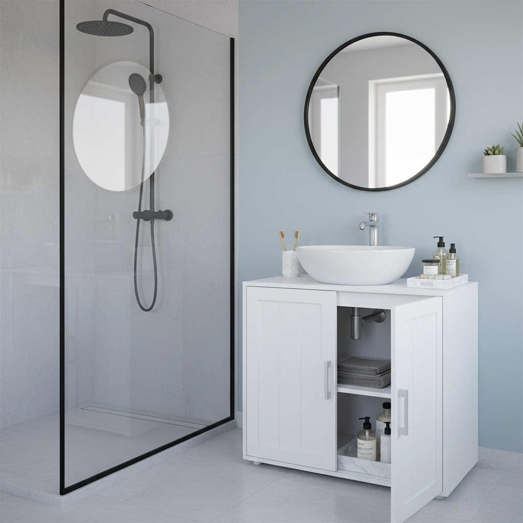 Salle de bain avec meuble sous vasque blanc, miroir rond noir, douche vitrée et rangements pour logement meublé