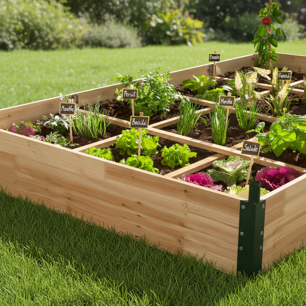 Carré potager en bois compartimenté avec aromates, salades et légumes pour un jardin potager design et structuré