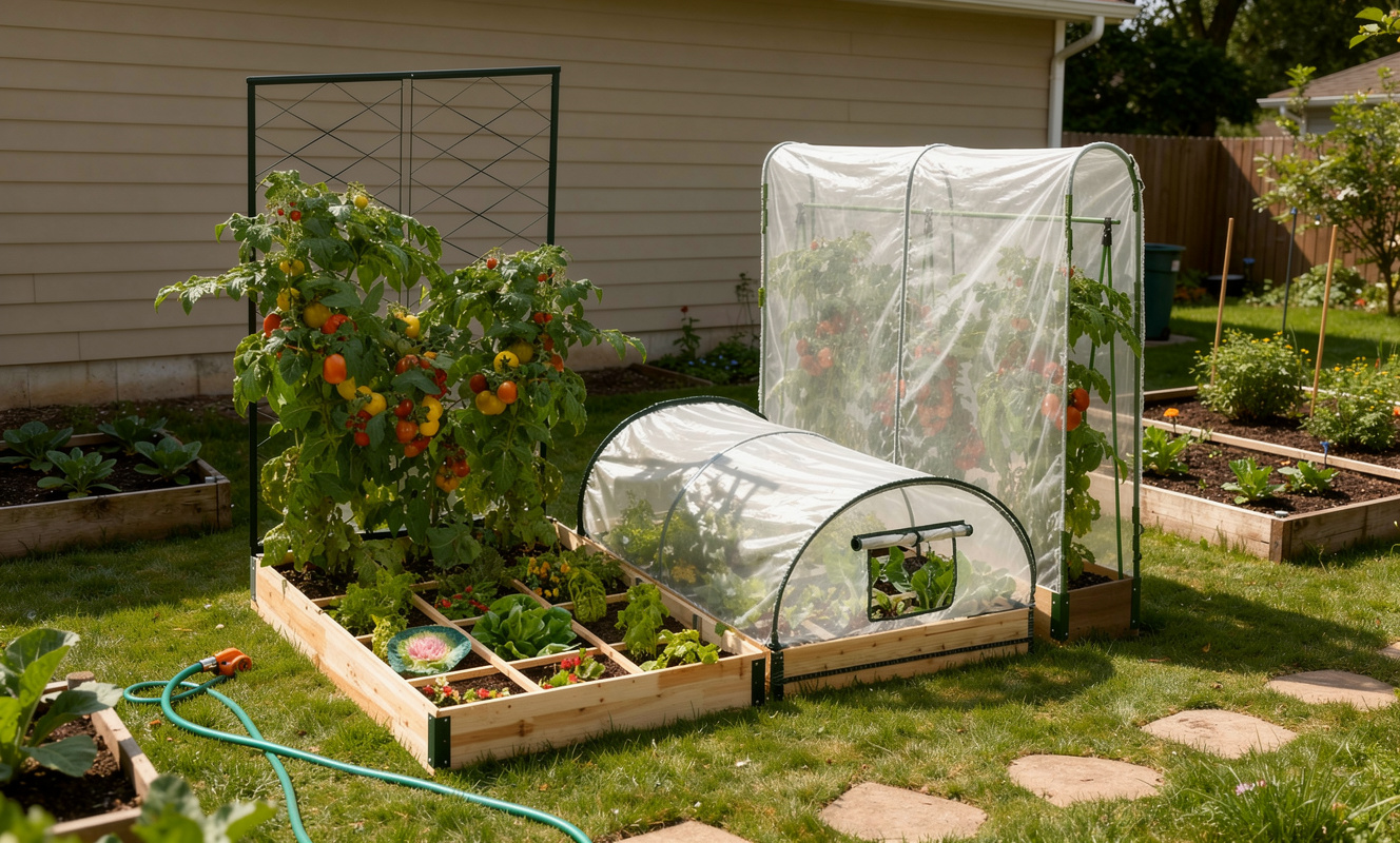 Potager design avec carré potager en bois, serre à tomates et treillis pour cultures potagères dans le jardin