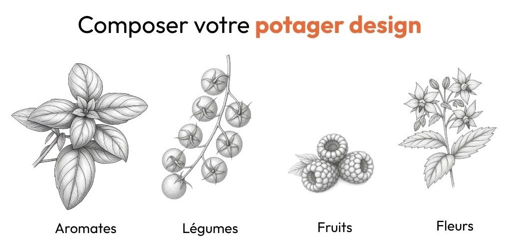 Composition d’un potager design avec aromates, légumes, fruits et fleurs pour un jardin esthétique et productif