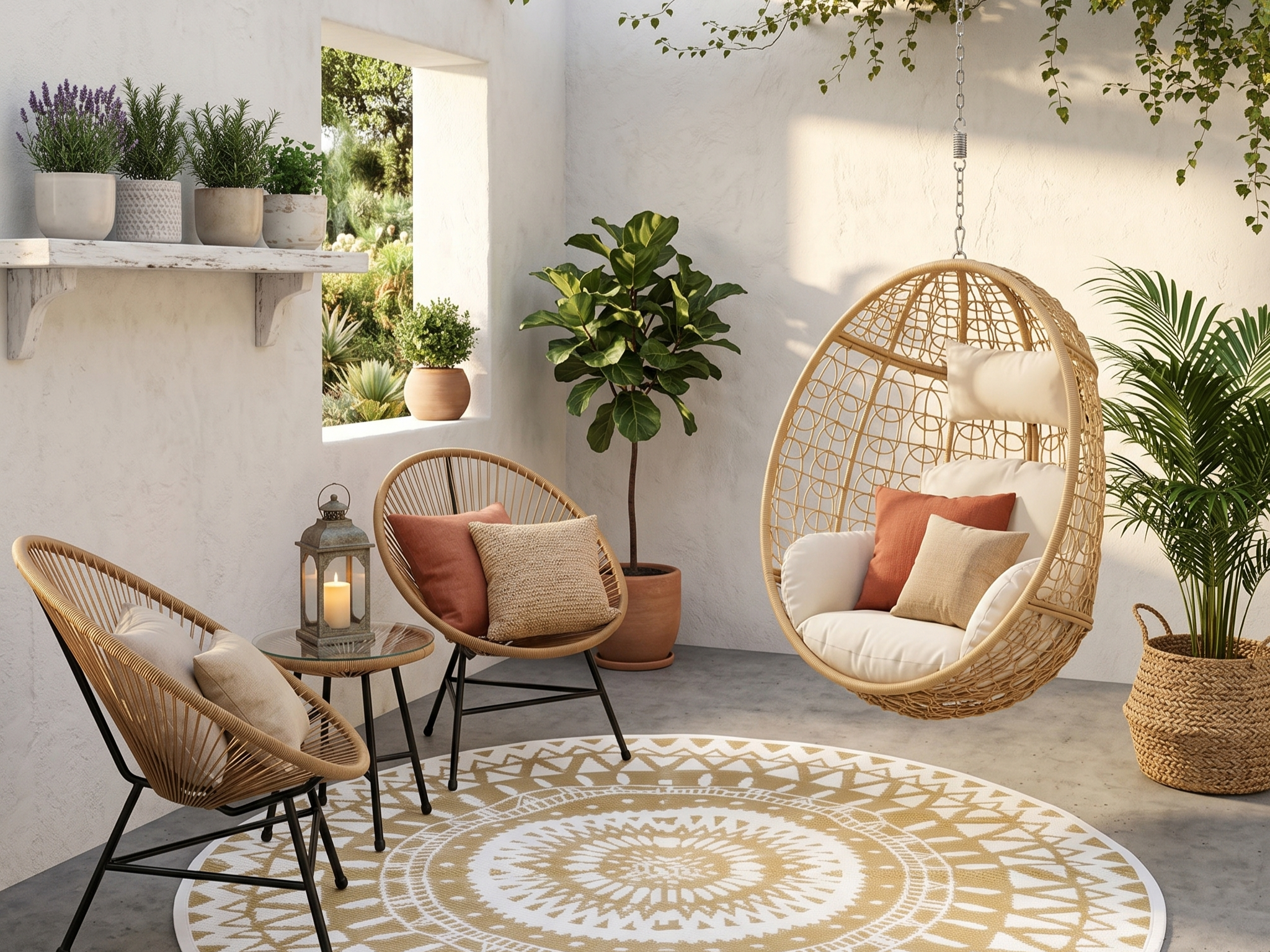 Terrasse bohème avec fauteuil suspendu effet rotin, coussins terracotta et plantes décoratives en pots