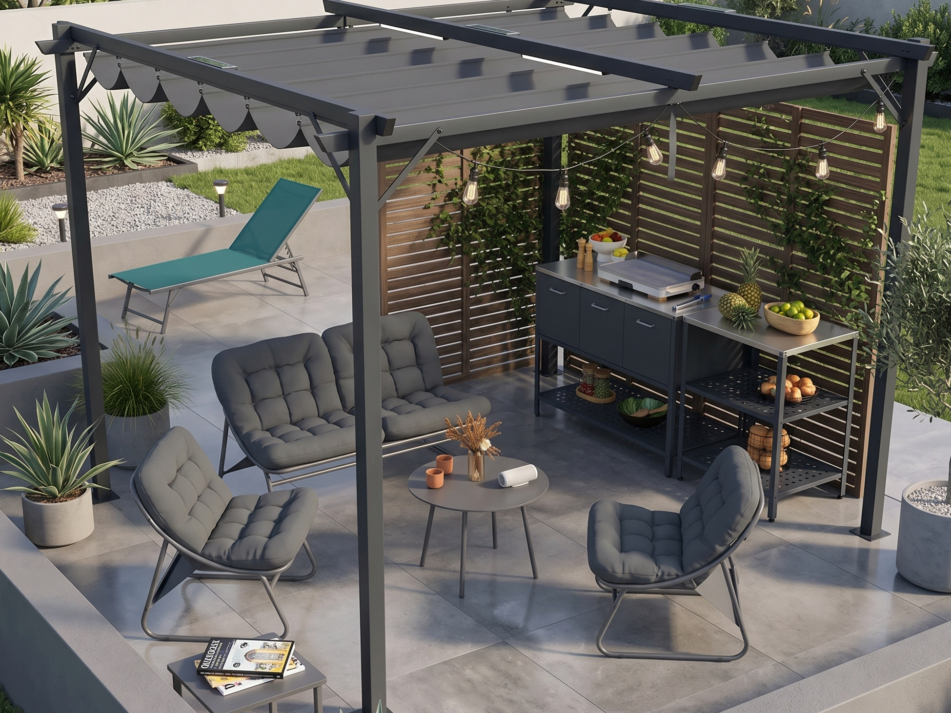 Terrasse contemporaine avec pergola anthracite, salon de jardin moderne et cuisine extérieure modulable