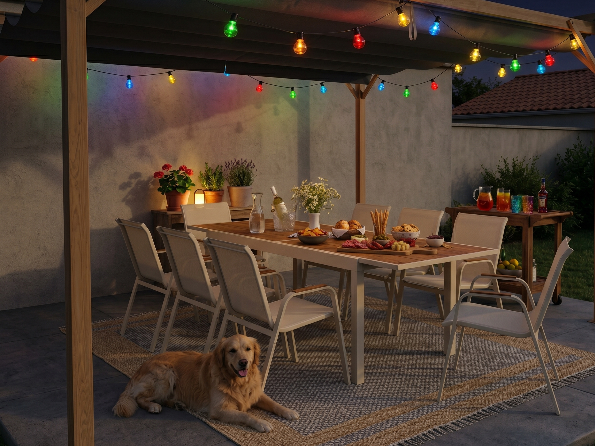 Terrasse style guinguette avec grande table de jardin, chaises d’extérieur et guirlande lumineuse colorée sous pergola