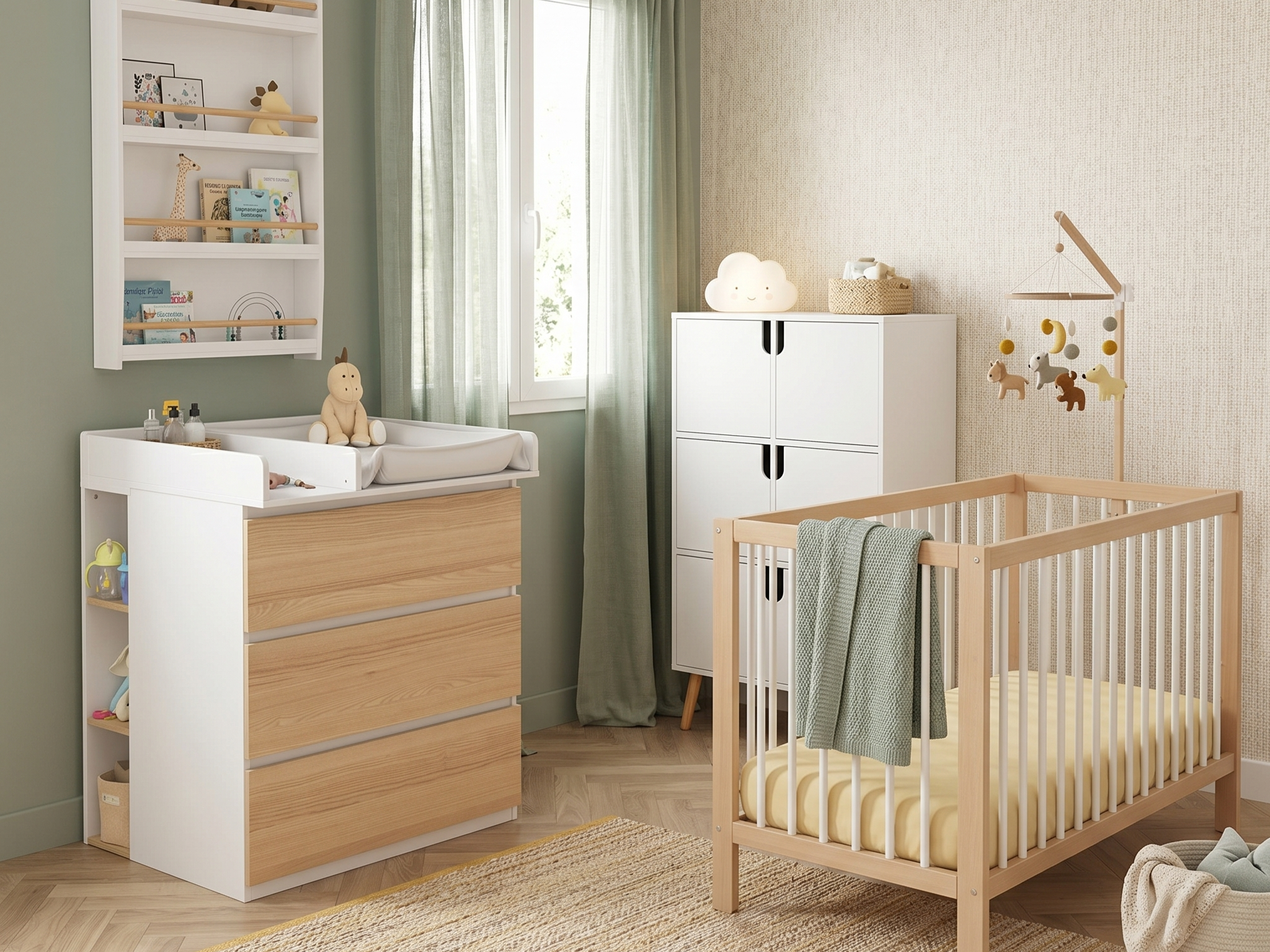 Chambre de bébé style scandinave avec commode à langer en bois clair et blanc, étagères murales blanches, armoire de rangement et lit bébé en bois naturel, ambiance vert sauge