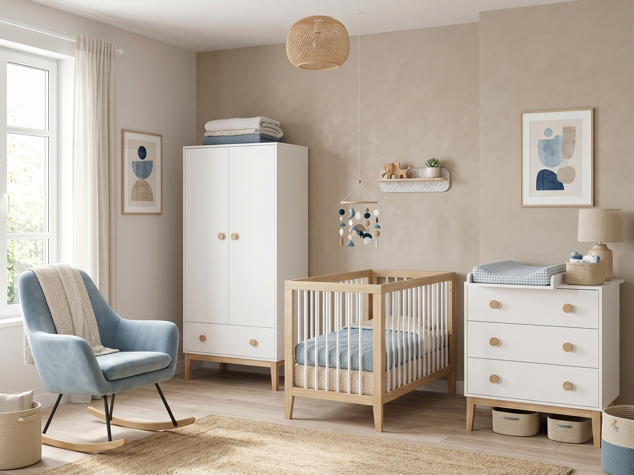 Chambre de bébé tons beige et bleu avec armoire 2 portes blanche et bois, commode à langer 3 tiroirs, lit bébé barreaux bois naturel, fauteuil à bascule bleu et tapis en jute