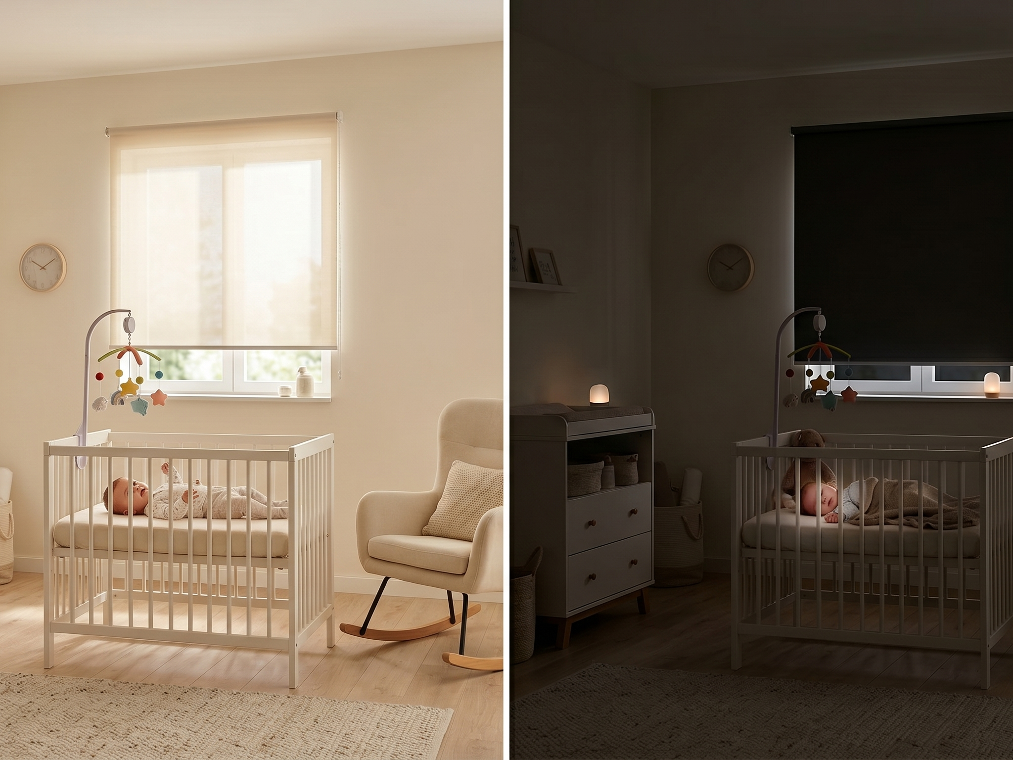 Chambre de bébé en diptyque jour et nuit : store tamisant laissant entrer la lumière naturelle à gauche, store occultant plongeant la pièce dans l'obscurité à droite, avec lit bébé blanc et veilleuse
