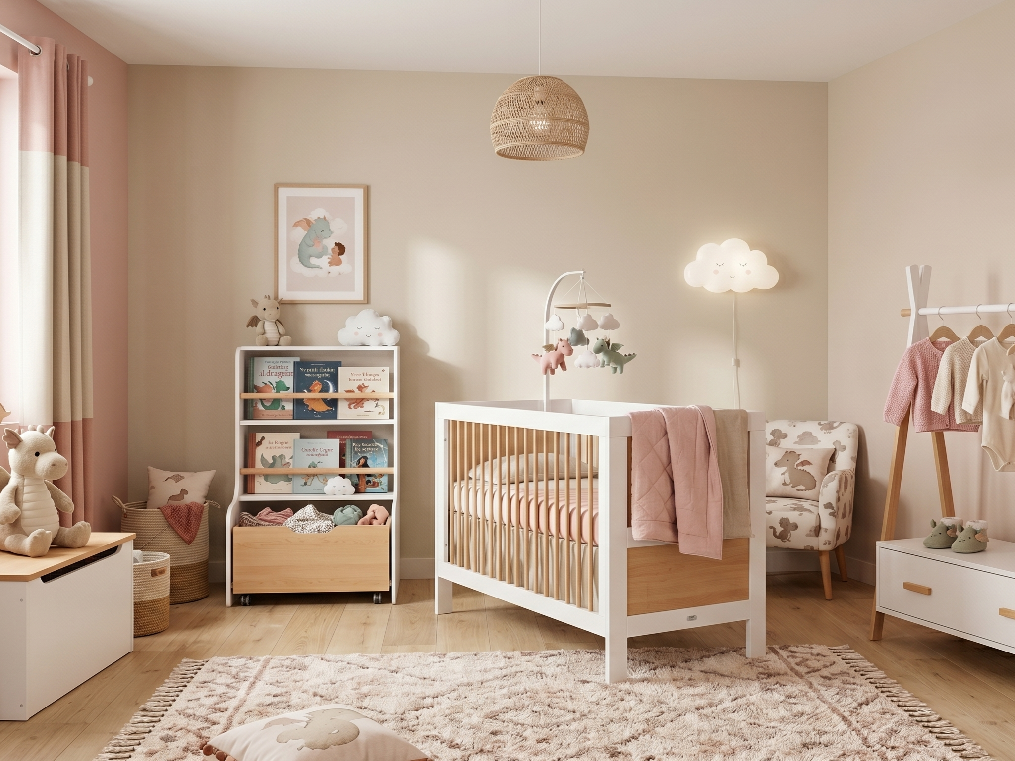 Chambre de bébé ambiance rose et beige avec lit bébé blanc et bois, bibliothèque range-jouets, portant vêtements en bois, tapis berbère crème et veilleuse nuage
