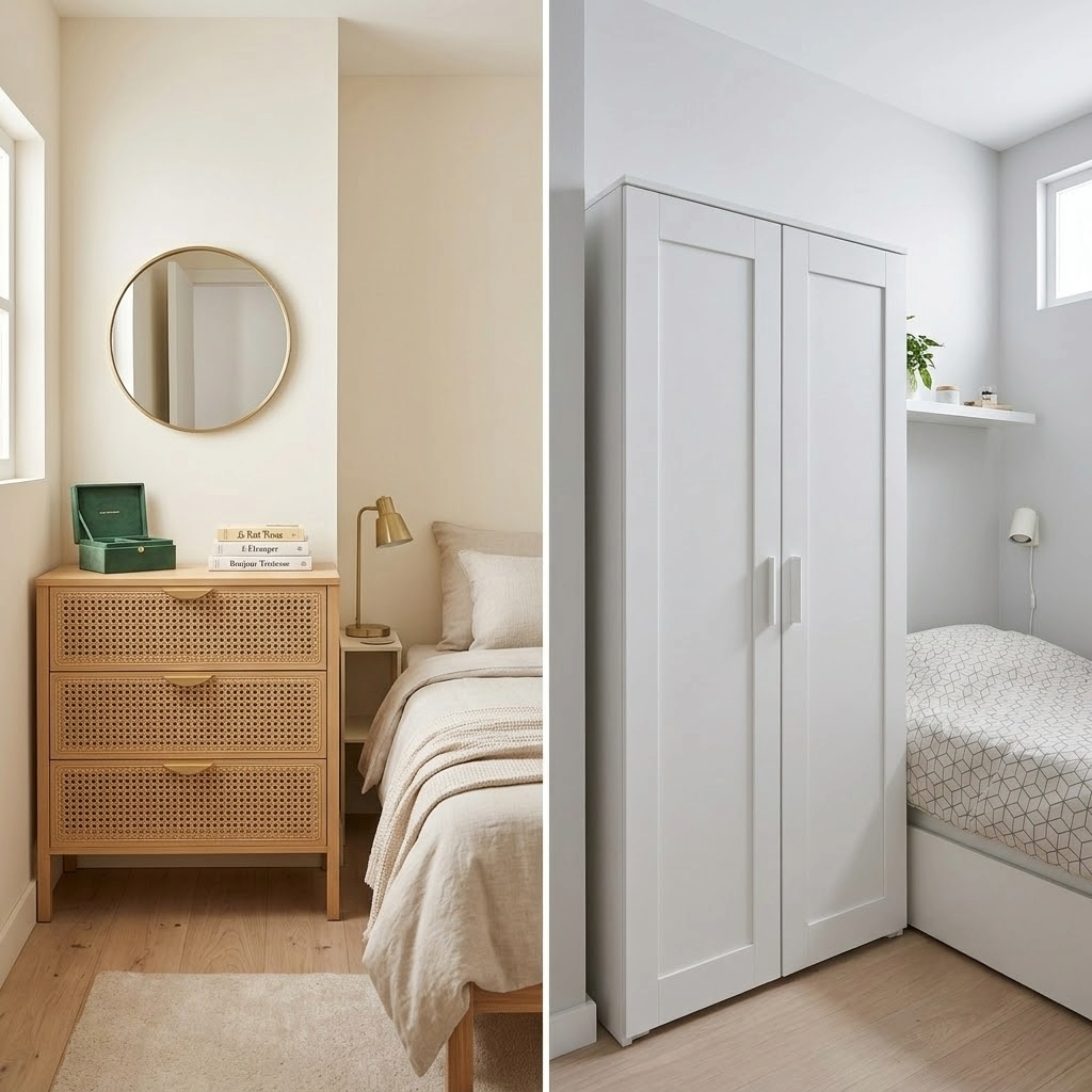 Diptyque petite chambre : à gauche commode effet cannage avec miroir rond doré, à droite armoire blanche 2 portes battantes dans une chambre très compacte avec lit simple