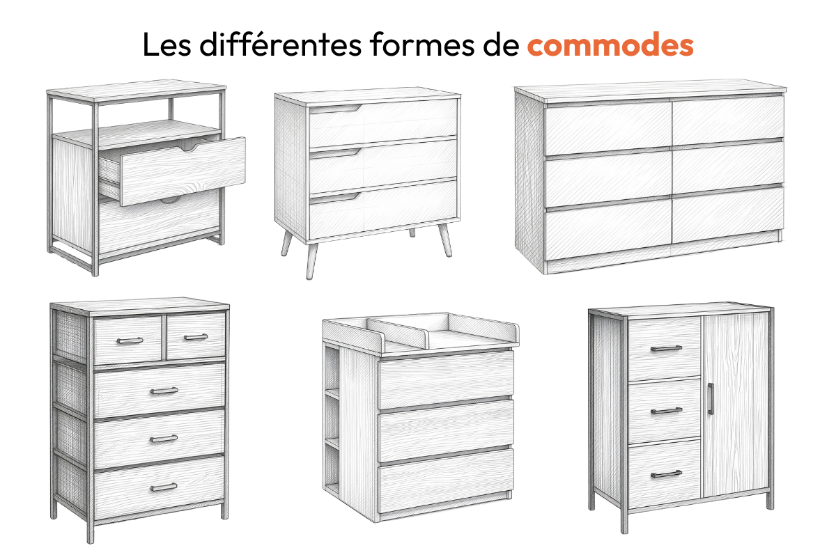 Infographie illustrée des différentes formes de commodes : commode à tiroirs avec niche, commode scandinave sur pieds, commode double large, chiffonnier, commode à langer et commode mixte tiroirs/porte