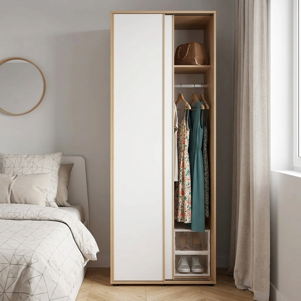 Armoire 2 portes coulissantes blanc et bois clair entrouverte révélant une penderie avec vêtements sur cintres, étagères et rangement chaussures, dans une chambre sobre