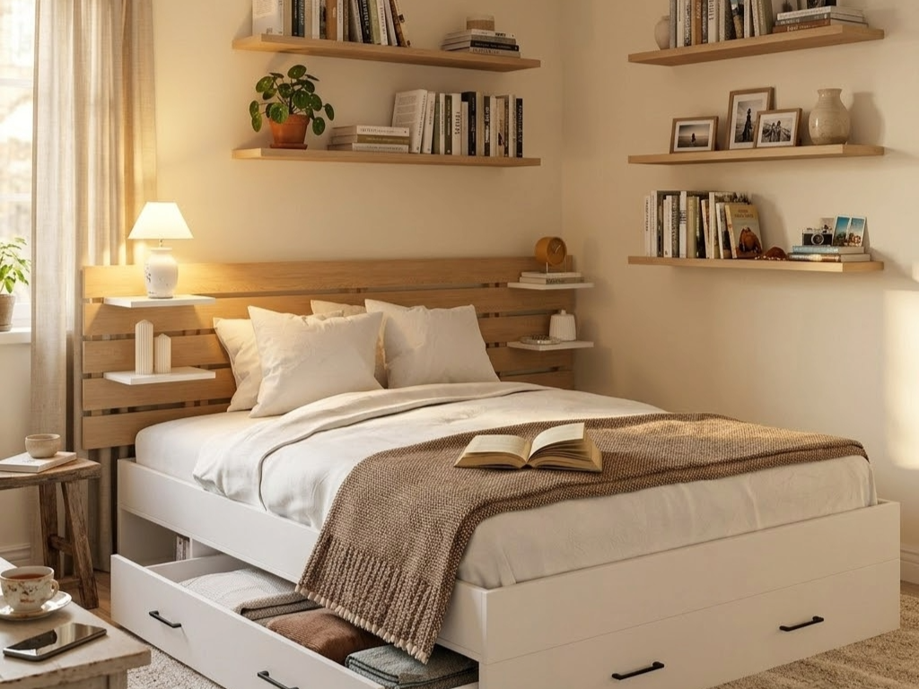 Petite chambre adulte avec lit double à tiroirs de rangement blanc et bois, multiples étagères murales en bois clair chargées de livres et objets déco, ambiance beige chaleureuse