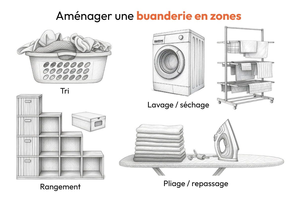 Infographie illustrée des quatre zones d'une buanderie bien organisée : panier de tri, lave-linge et séchoir à linge, meuble de rangement en escalier avec boîtes, planche à repasser et linge plié