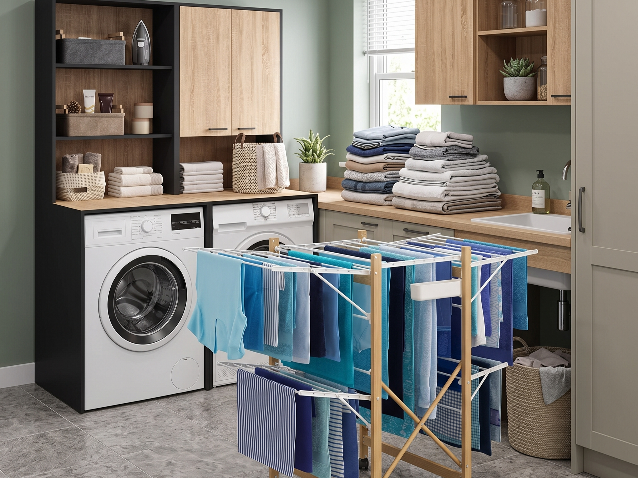 Buanderie fonctionnelle avec lave-linge et sèche-linge côte à côte sous plan de travail en bois, étagères murales ouvertes et fermées, séchoir à linge extensible chargé et panier à linge