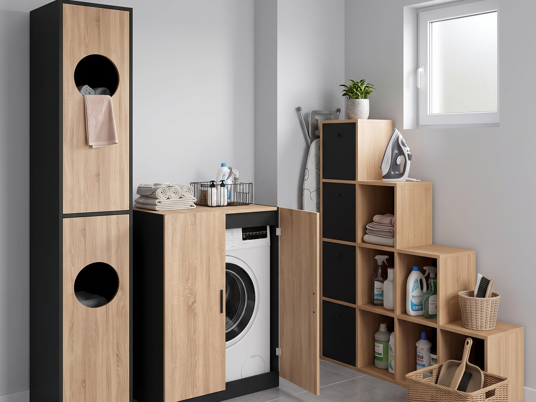 Buanderie organisée avec meuble colonne bois et noir pour lave-linge, meuble de rangement en escalier bois et noir avec bacs, produits ménagers et linge plié