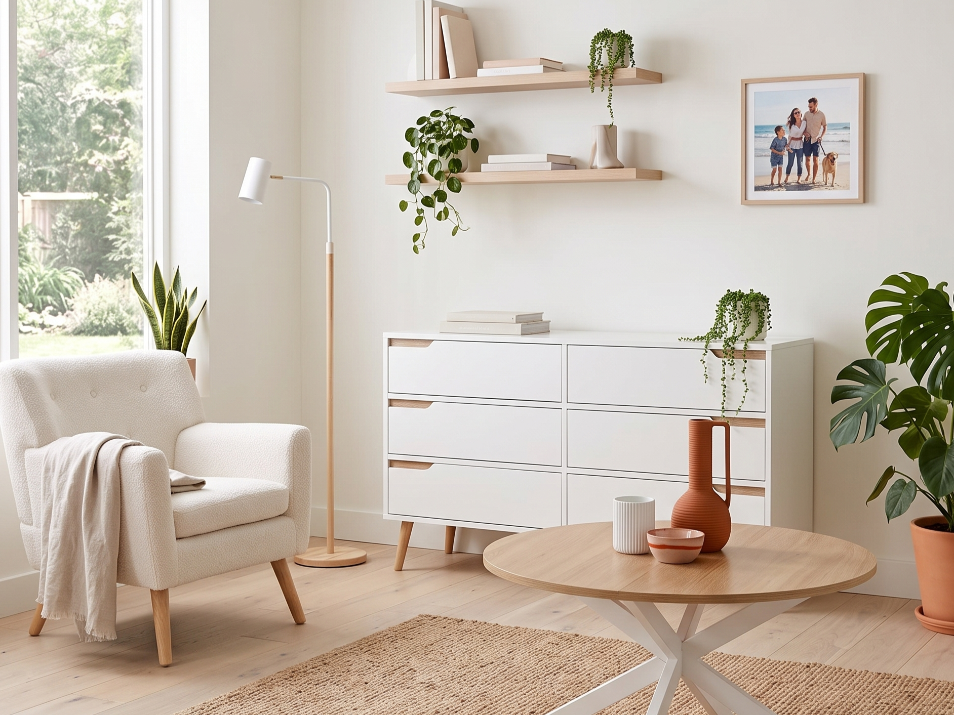Salon épuré blanc avec commode blanche à tiroirs et poignées en bois, étagères flottantes, plantes vertes, vase et fauteuil bouclette blanc