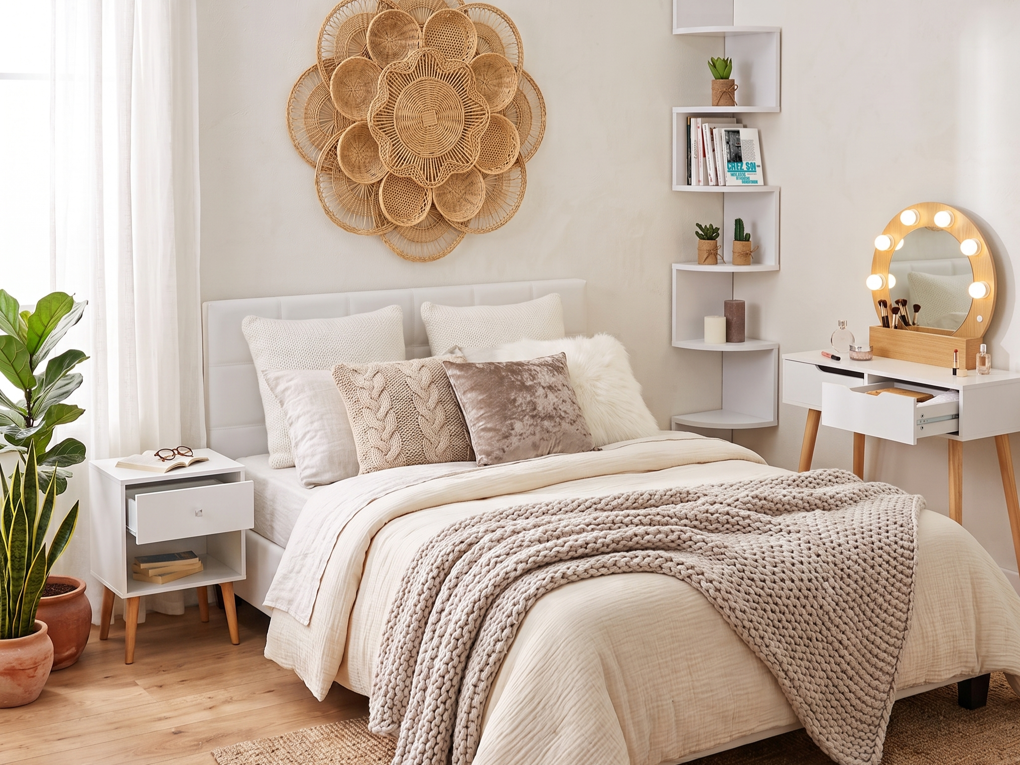 Chambre blanche avec tête de lit matelassée, table de chevet blanche à tiroir, coussins texturés et décoration murale en rotin