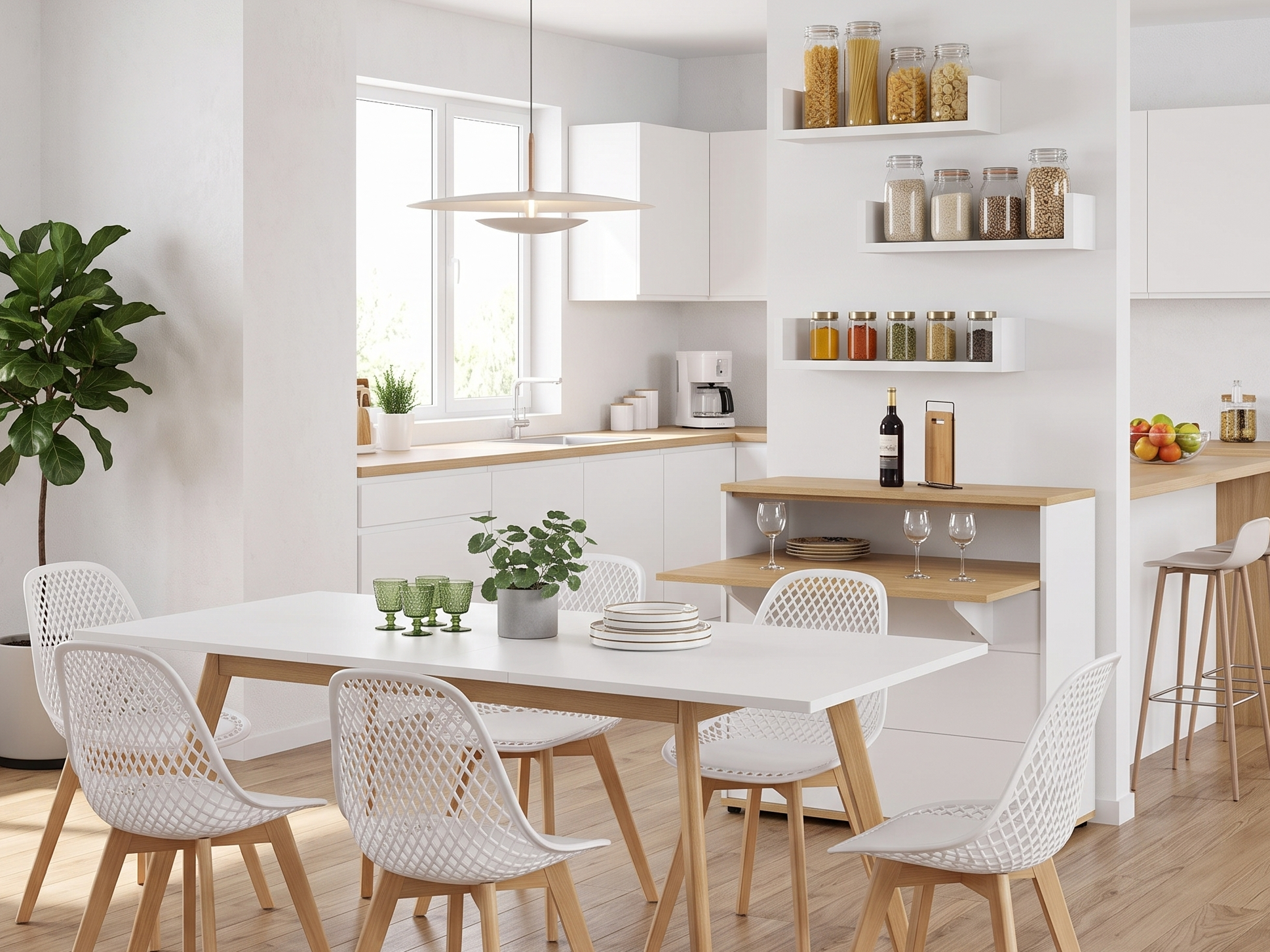 Cuisine et salle à manger blanches de style scandinave avec chaises blanches à pieds en bois clair, étagères ouvertes et suspension design