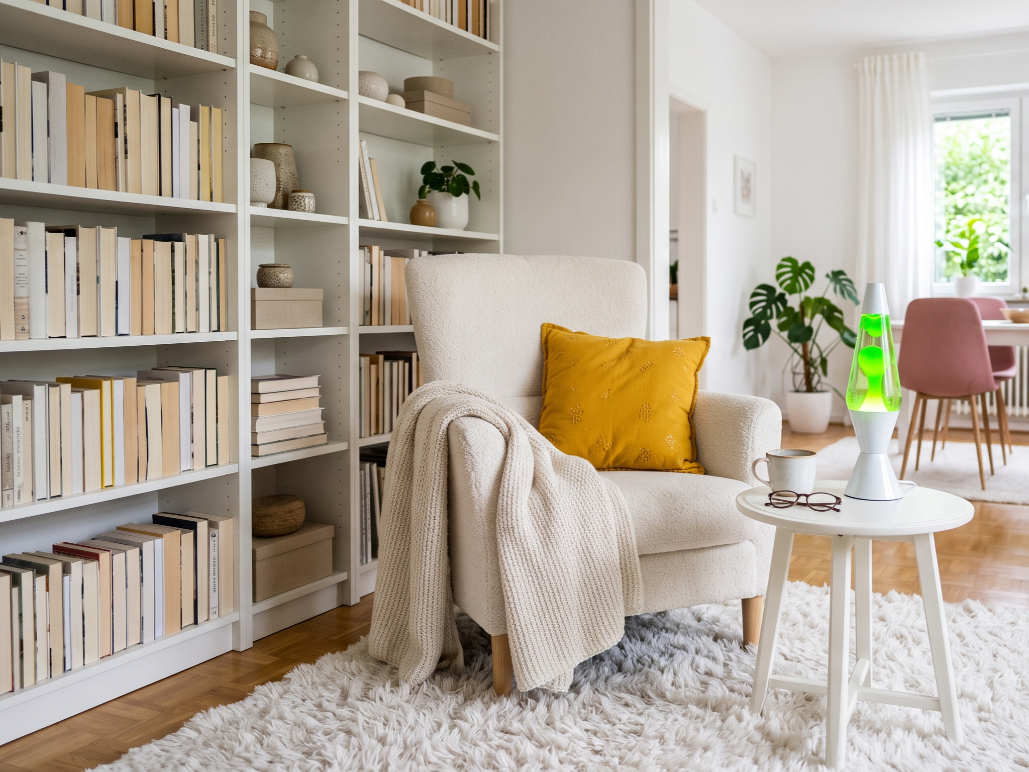 Salon blanc épuré avec fauteuil bouclette blanc, bibliothèque blanche, coussin jaune moutarde et plaid texturé