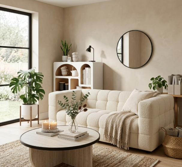 Un salon lumineux et ordonné aux tons neutres avec un canapé en bouclette crème, une table basse en travertin et une étagère de rangement design.