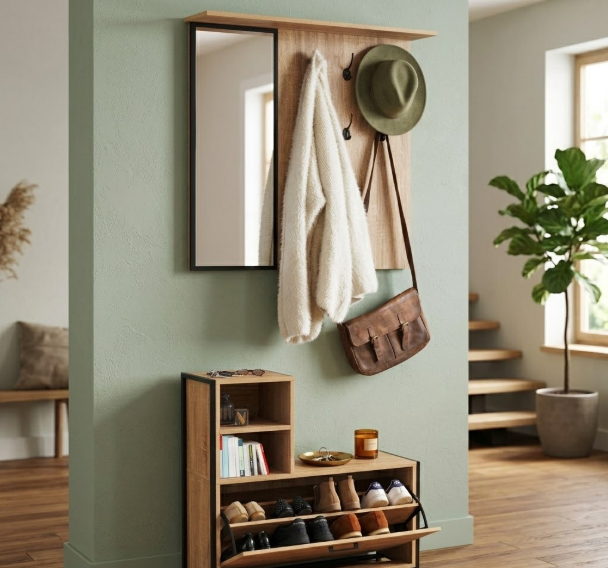 Vestiaire d'entrée bi-matière en bois clair et métal noir avec meuble à chaussures ouvert, miroir mural et accessoires suspendus sur fond de mur vert sauge.