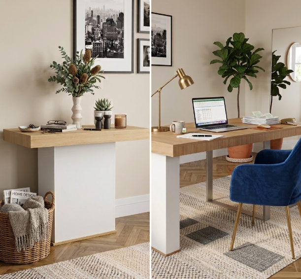 Console extensible en bois et blanc : version fermée déco à gauche, dépliée en bureau avec ordinateur à droite.