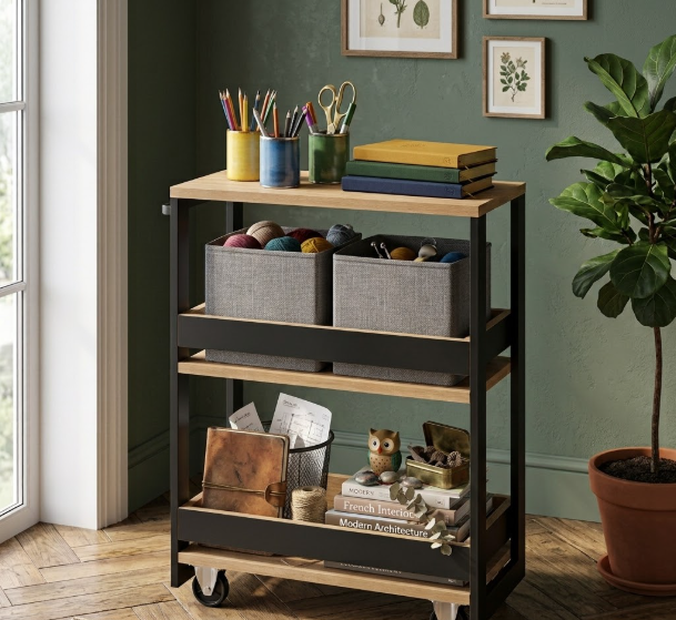 Desserte à roulettes bi-matière en bois et métal noir rangée avec pots à crayons, boîtes en tissu et livres de décoration.