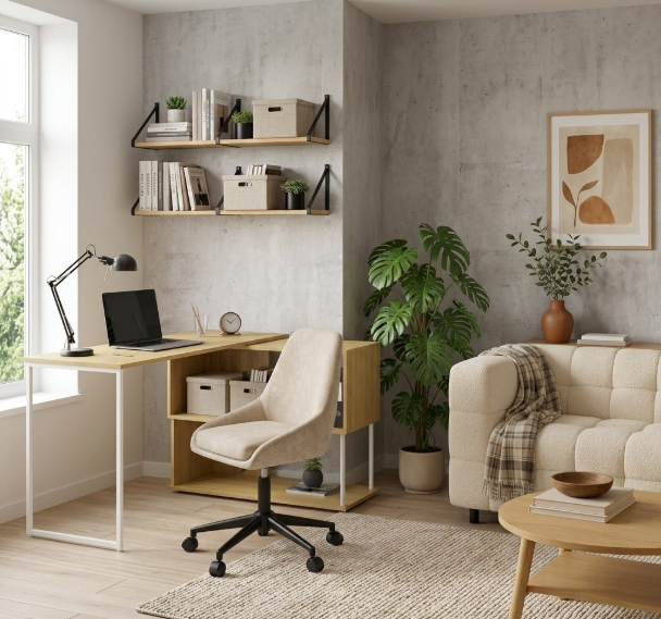 Coin bureau style industriel avec plateau effet bois brut, pieds en métal noir, chaise en velours et étagères de rangement remplies de livres et plantes.