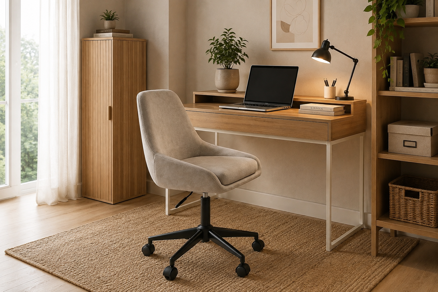Chaise de bureau à roulettes en tissu gris clair capitonné associée à un bureau en bois clair et une lampe articulée en métal noir.
