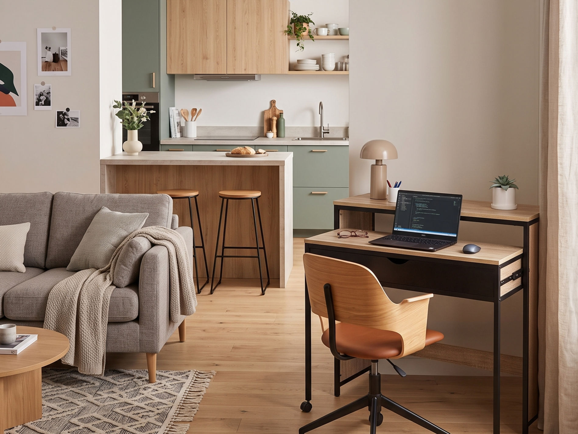 Coin bureau télétravail dans un salon ouvert sur cuisine, avec bureau extensible bois et métal noir, chaise pivotante en bois