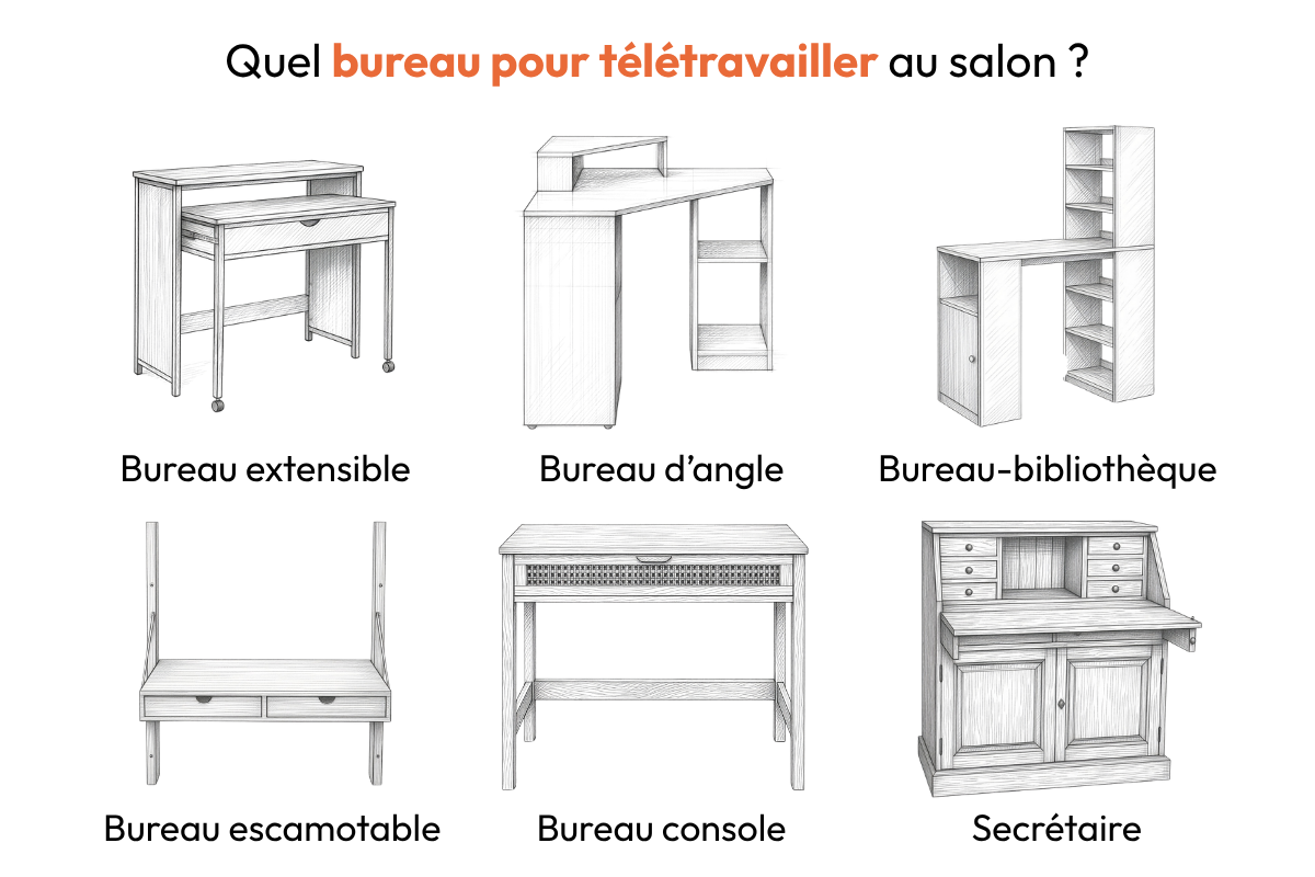 Infographie représentant 6 types de bureaux pour télétravailler au salon : bureau extensible, bureau d'angle, bureau-bibliothèque, bureau escamotable, bureau console et secrétaire