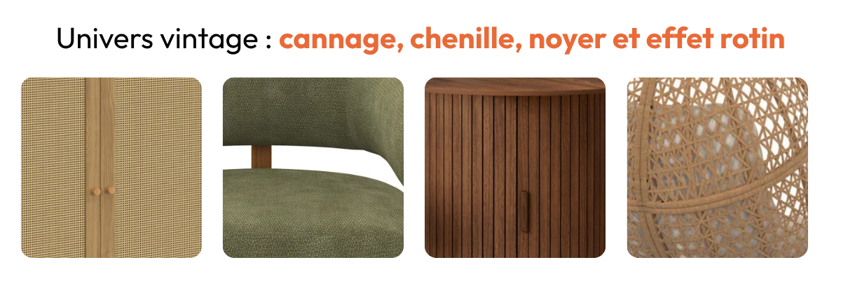 Zooms matières : façade cannage tressé naturel, chaise tissu chenille vert kaki pieds bois effet noyer, meuble à lattes bois effet noyer foncé et tressage cordage effet rotin avec tissu beige