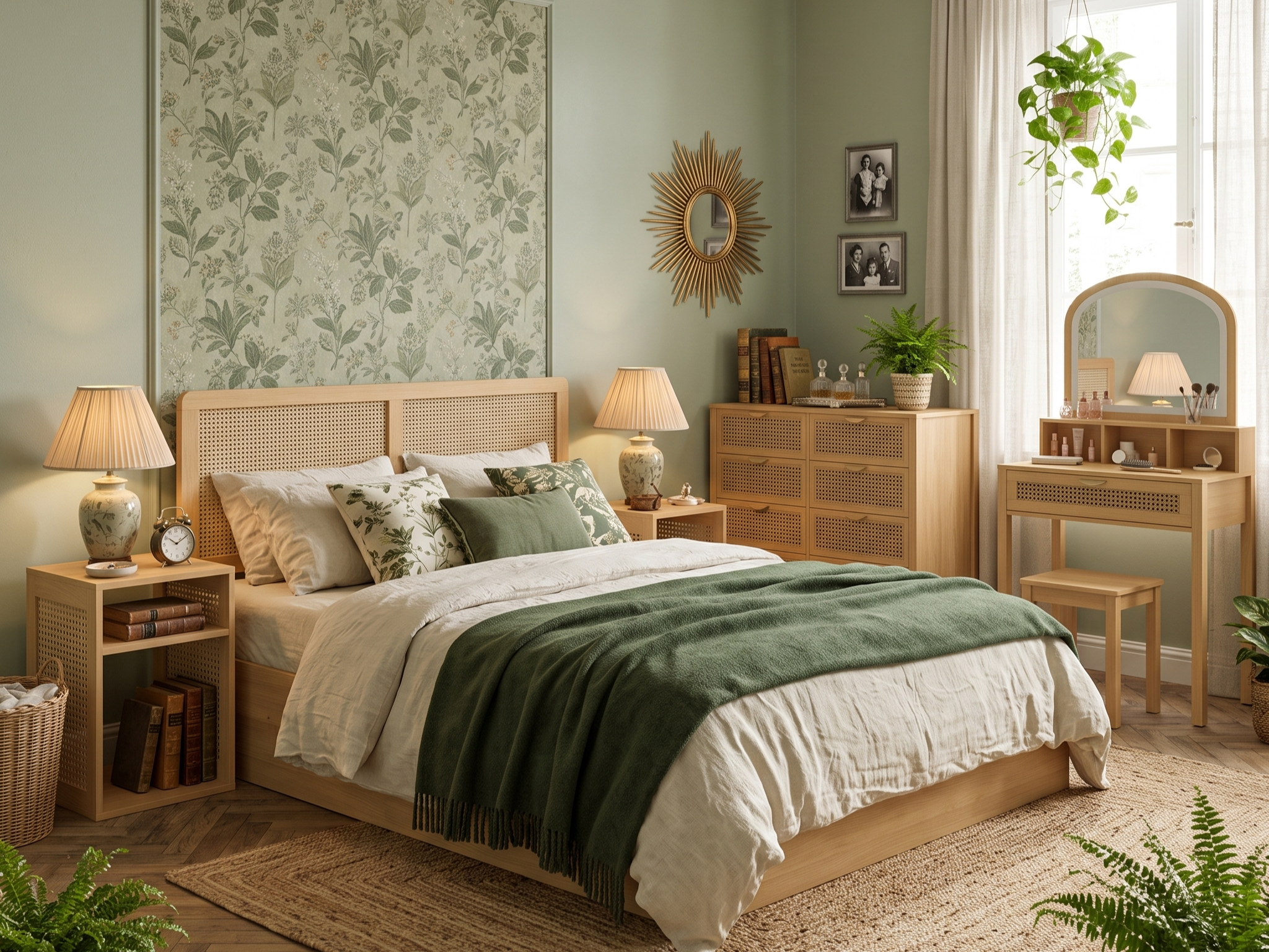 Chambre vintage bohème avec tête de lit cannage bois clair, commode façade cannage, tables de chevet bois et cannage avec niches, coiffeuse cannage, plaid vert kaki, miroir soleil doré et mur papier peint floral vert sauge