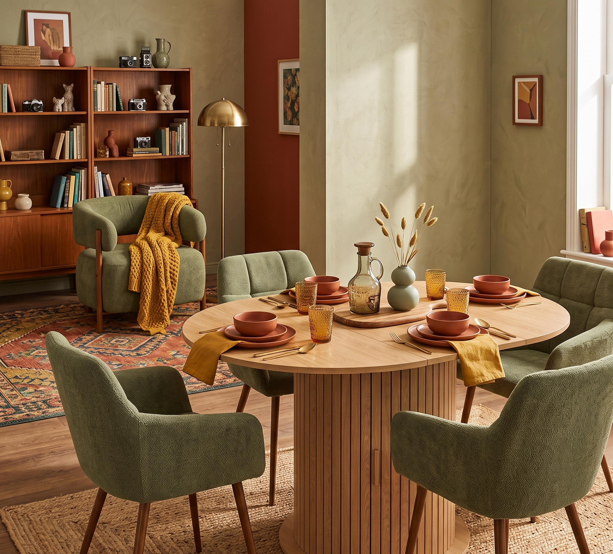 Salle à manger vintage avec table ronde à pied lattes bois clair, chaises tissu chenille vert kaki pieds bois noyer, bibliothèque bois foncé, fauteuil bouclette vert et tapis kilim terracotta, ambiance chaleureuse tons ocre et vert