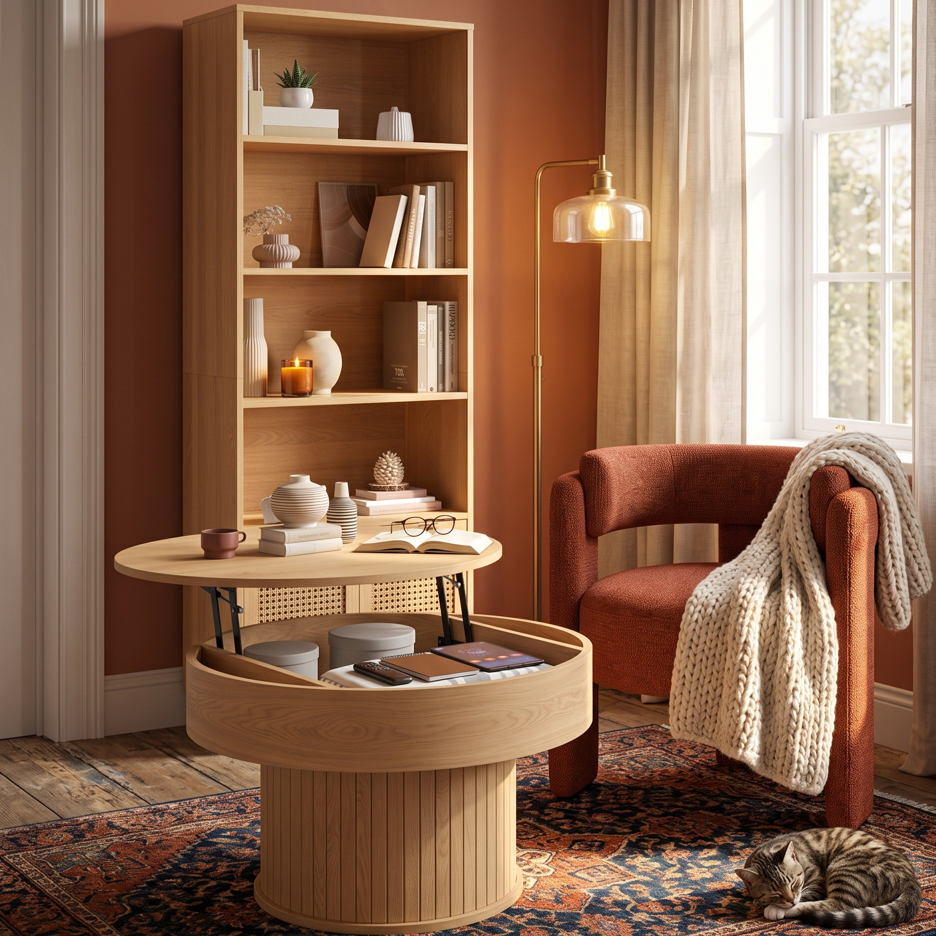 Salon vintage chaleureux avec table basse ronde à plateau relevable bois clair effet lattes et façade cannage avec rangement intégré, bibliothèque bois clair, fauteuil chenille terracotta, lampadaire laiton doré et tapis kilim, mur terracotta