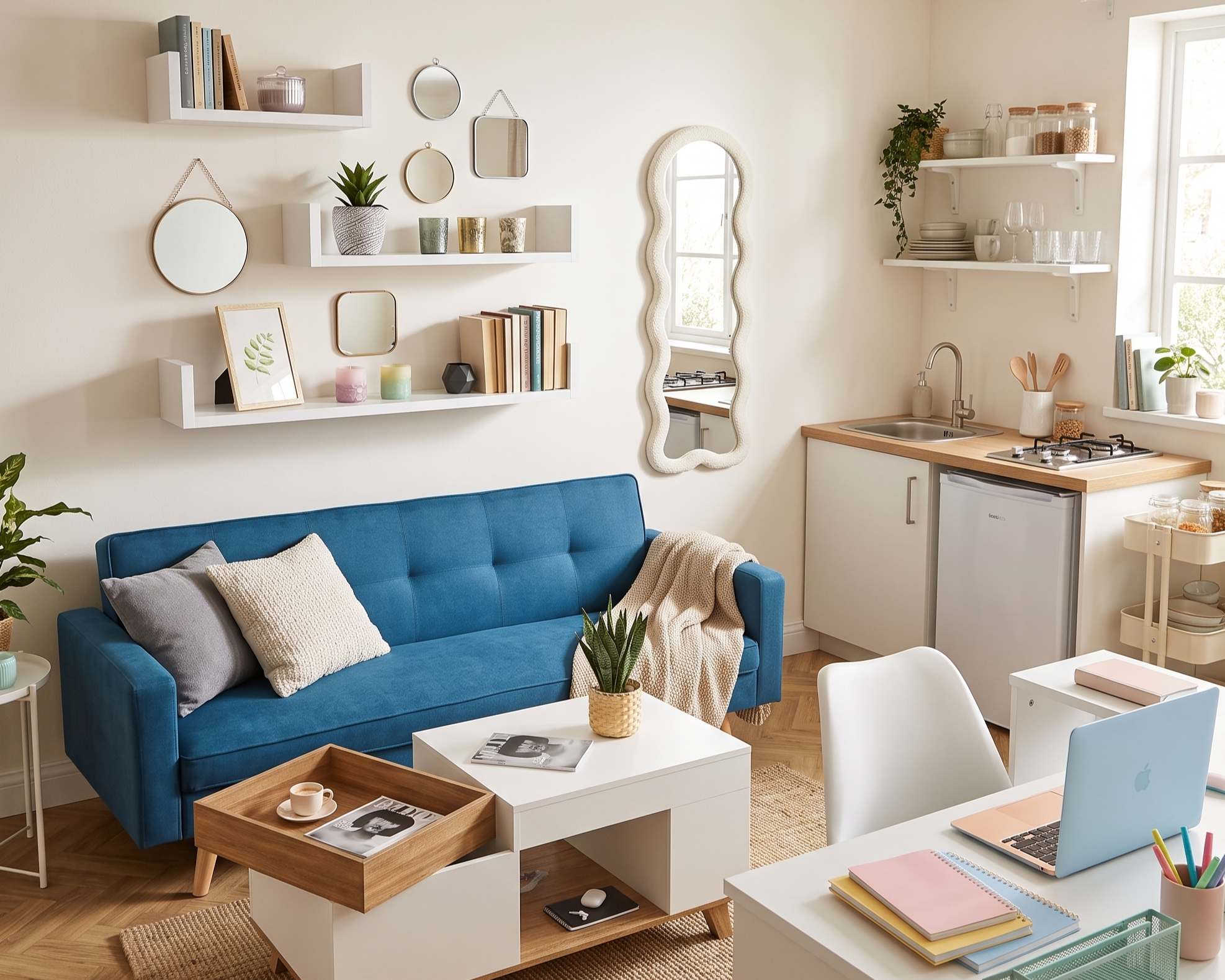 Studio étudiant aménagé avec murs beige clair, canapé convertible bleu, étagères murales blanches avec miroirs décoratifs, table basse blanche sur pieds bois, miroir ondulé mural, coin bureau blanc et cuisine ouverte, ambiance lumineuse