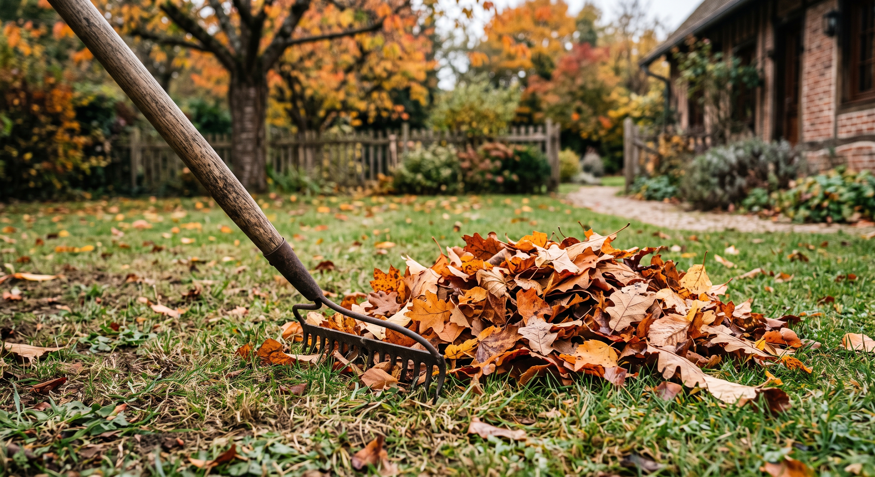Râteau ramassant un tas de feuilles mortes orangées sur pelouse verte en automne, jardin avec arbres aux couleurs d'automne et clôture en bois en arrière-plan