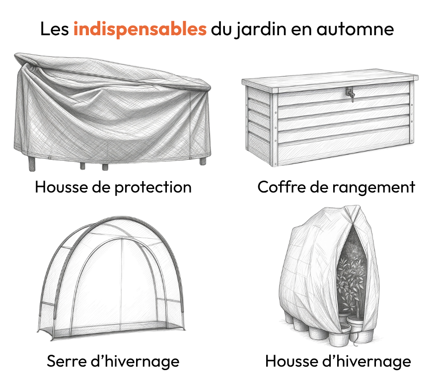 Infographie illustrée des quatre indispensables du jardin en automne : housse de protection pour salon de jardin, coffre de rangement en bois, serre d'hivernage tunnel et housse d'hivernage pour plantes en pots, dessins au trait sur fond blanc