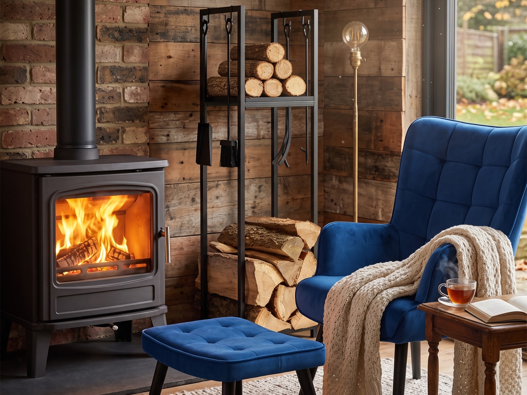 Coin cosy d'automne avec poêle à bois allumé, range-bûches métal noir avec bûches et accessoires de cheminée, fauteuil velours bleu avec repose-pieds et plaid beige, lampadaire laiton et tasse de thé, vue sur jardin en arrière-plan