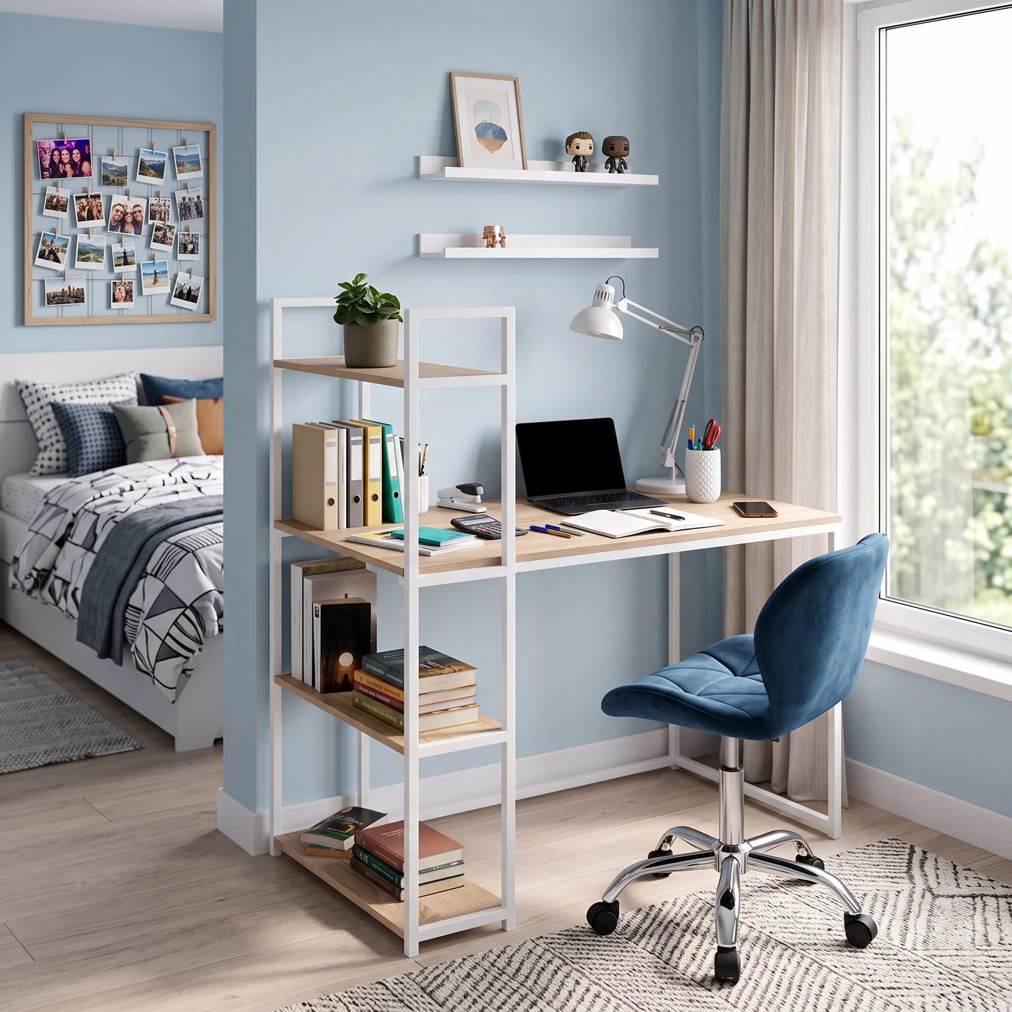 Chambre d’adolescent bleu clair avec bureau blanc et bois près d’une fenêtre, chaise de bureau bleue réglable, étagère-bibliothèque, étagères murales, ordinateur portable et lampe articulée